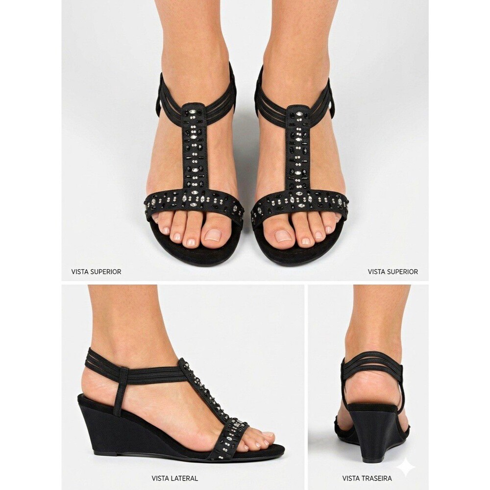 New York Transit Women's Black Strappy Beaded Wedge Sandals Ankle Strap US 9 M